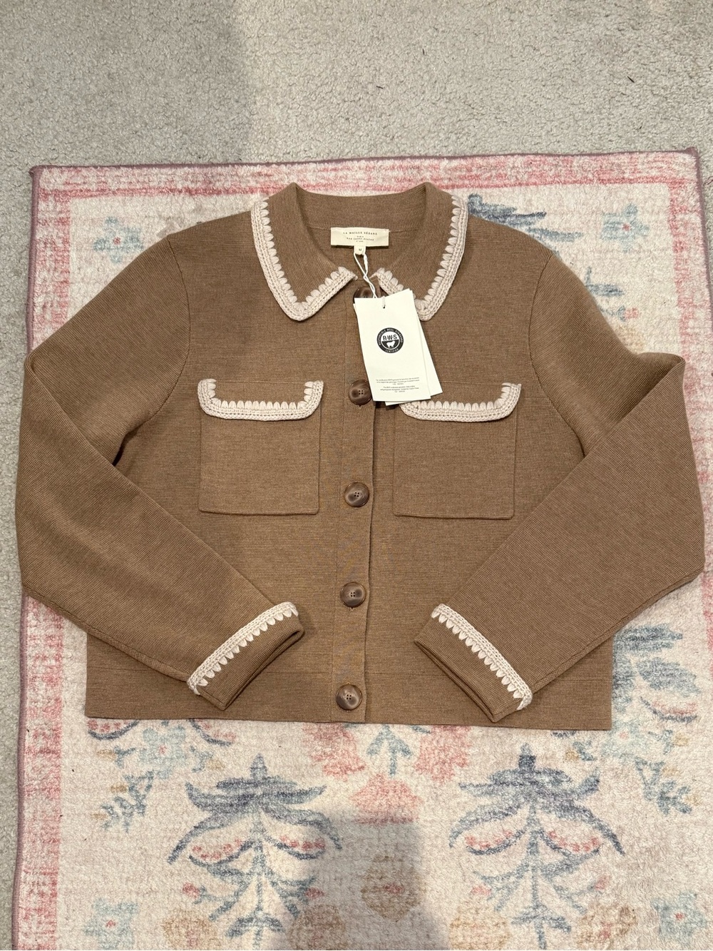 NWT Sezane Betty Cardigan in Camel Chine Crochet Vanille